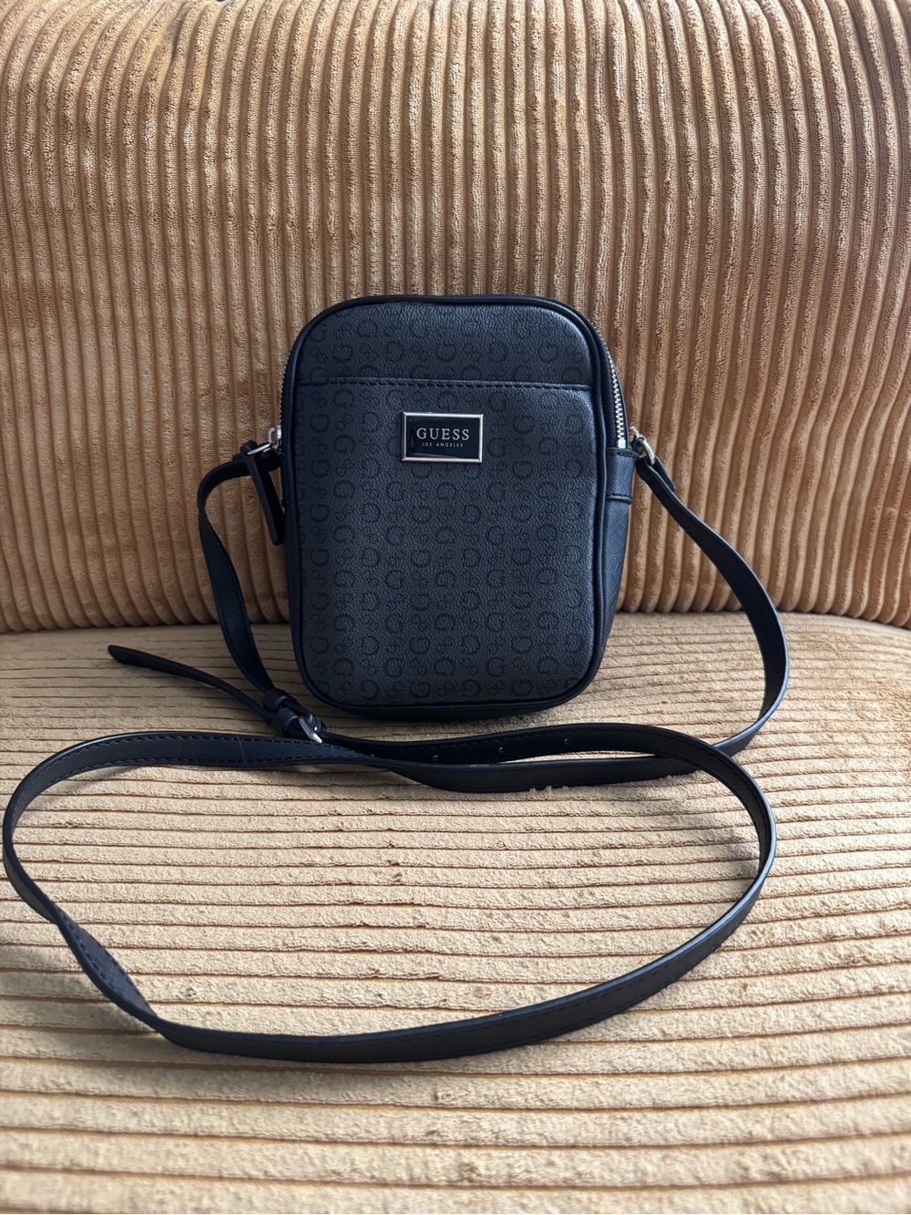 GUESS Black Monogram Crossbody Bag — Small Sling/Camera Bag